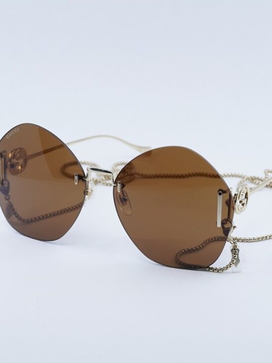 Gucci Accessories - Gucci GG1203S 003 Sunglasses Gold Round Frame, Brown with Gold Chain Lenses